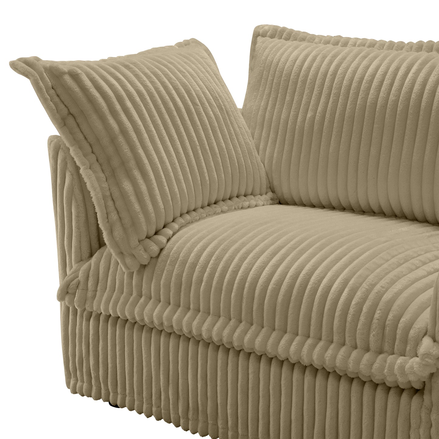 Angled side shot of a fluffy camel corduroy sectional highlighting the cozy armrest, overstuffed pillow, and deep seat cushion with soft, wide-wale corduroy texture.