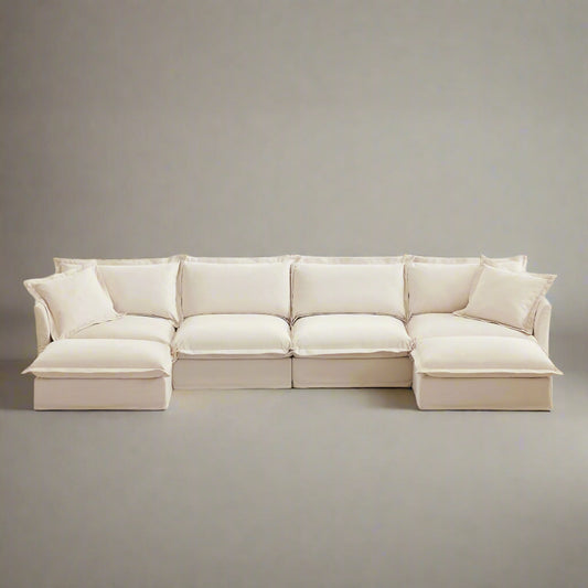 Fluffy cream chenille sectional sofa with two ottomans — features deep seating, breathable textured fabric, and fully removable, machine washable slipcovers. A modular, pet-friendly couch perfect for creating L or U shaped layouts with soft yet structured comfort.