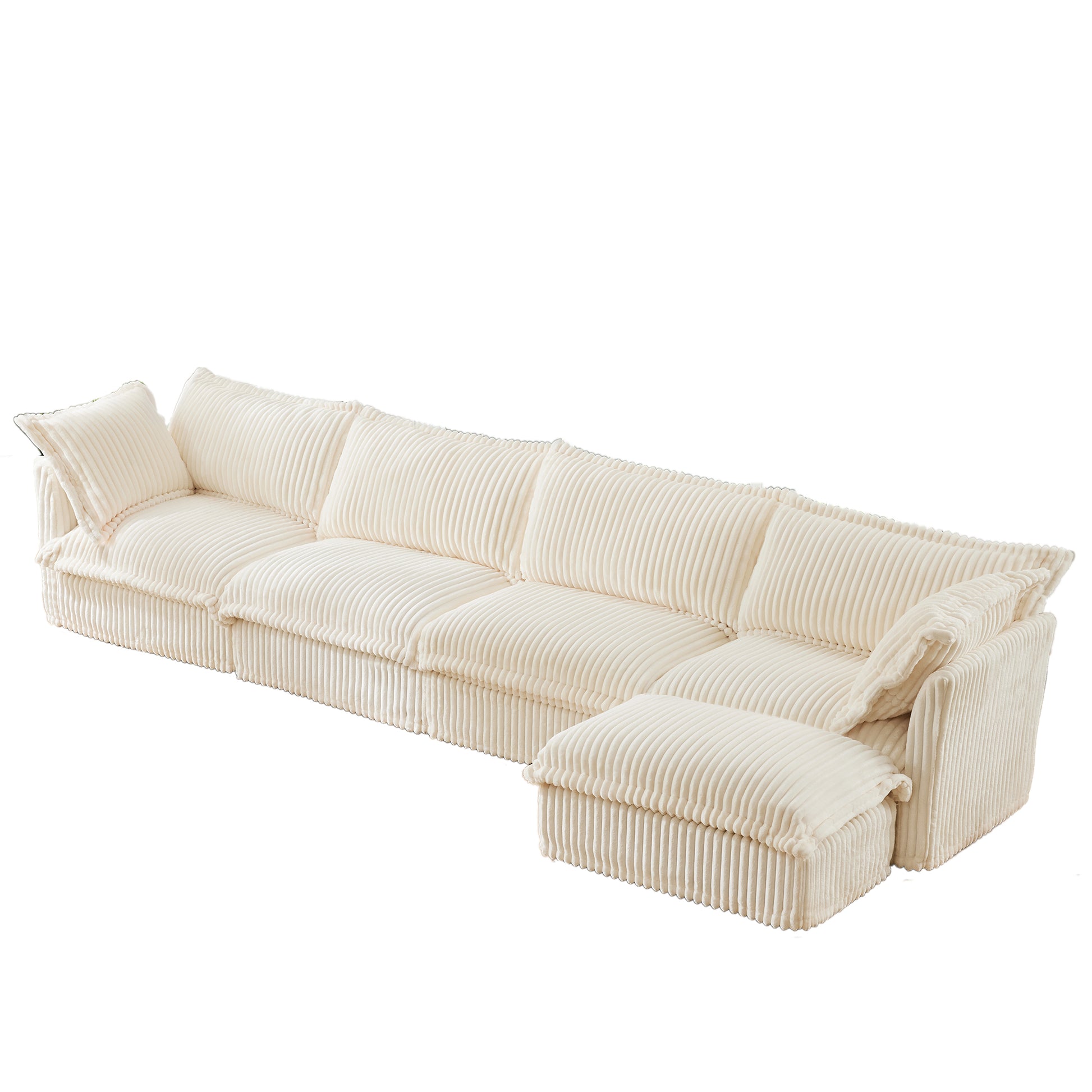 Studio shot of a fluffy cream corduroy 4-seat couch with matching ottoman, highlighting its soft, textured fabric and removable, washable covers for easy care.