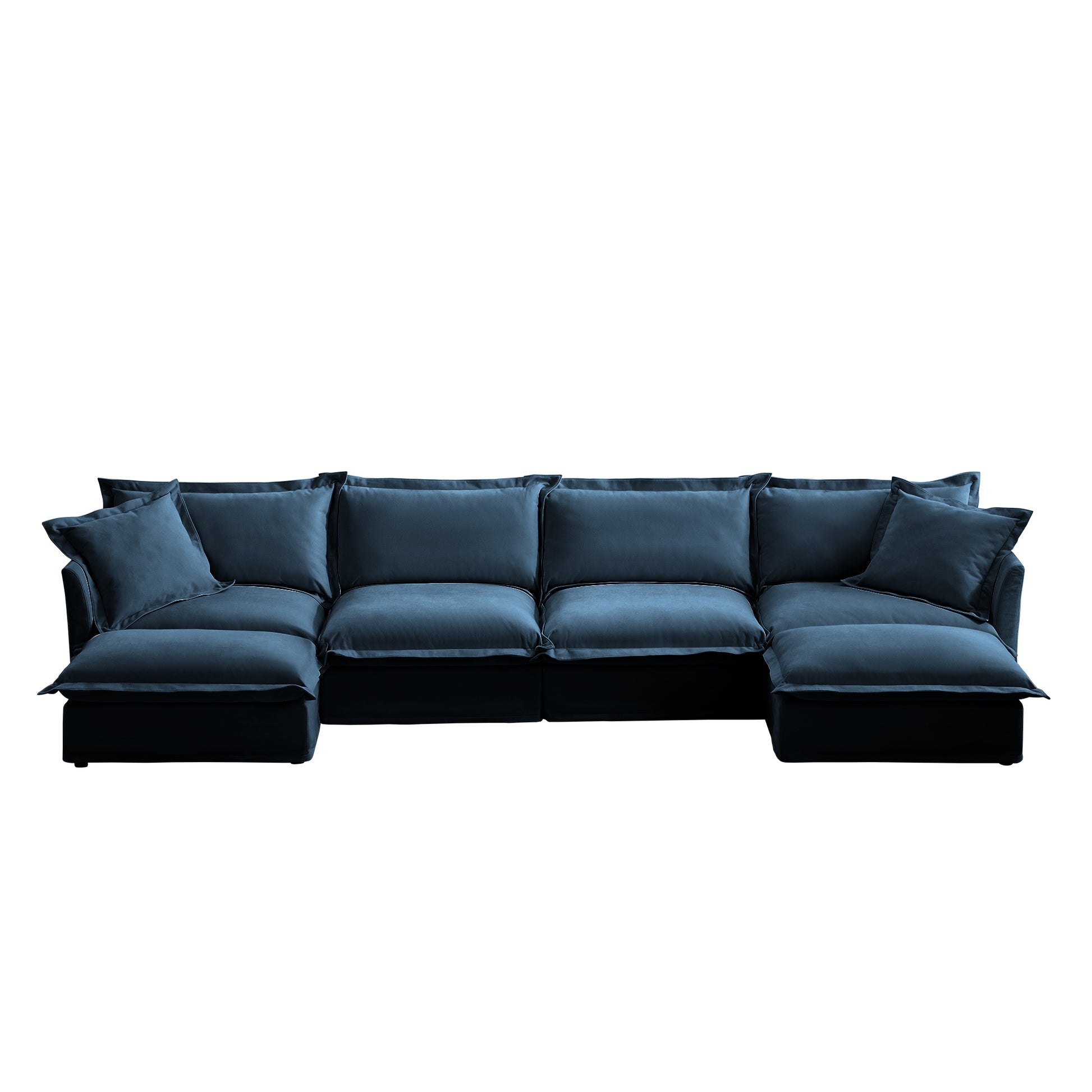 Front-facing studio shot of a navy blue 4-seat chenille sectional with two ottomans, showing its symmetrical modular design, deep seats, and clean-lined removable slipcovers against a plain backdrop.