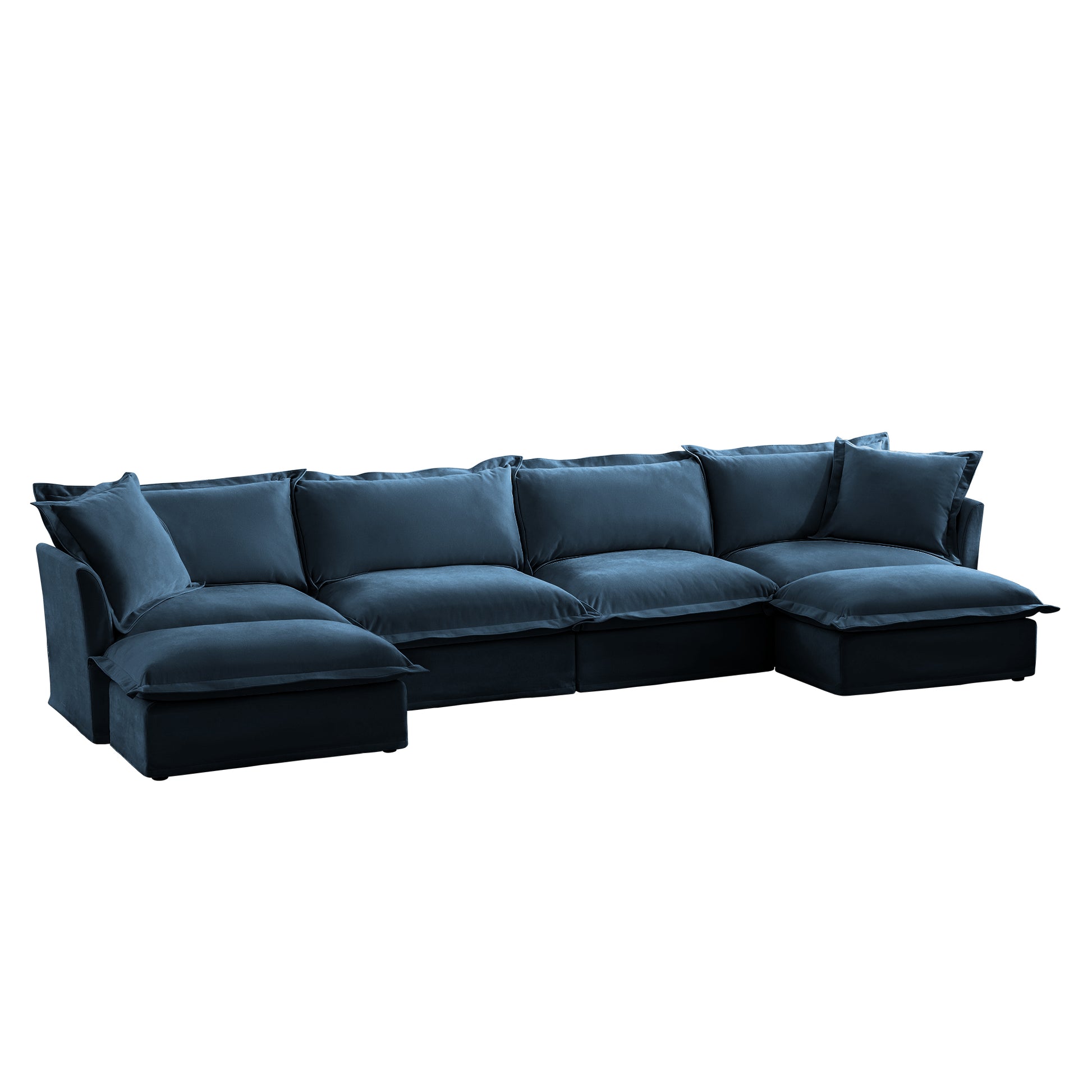 Angled studio view of a navy blue 4-seat chenille sectional with two ottomans, highlighting its modular form, plush deep cushions, and sleek, removable slipcovers in a clean backdrop.