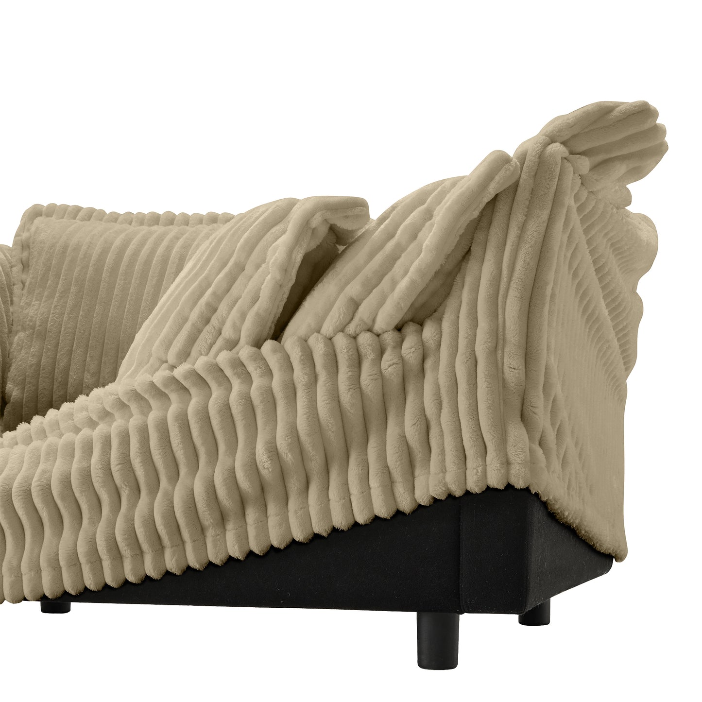 Front-side view of fluffy camel corduroy sectional sofa with cushion partially unzipped, showcasing the removable, machine washable slipcover and soft, wide-wale textured fabric.