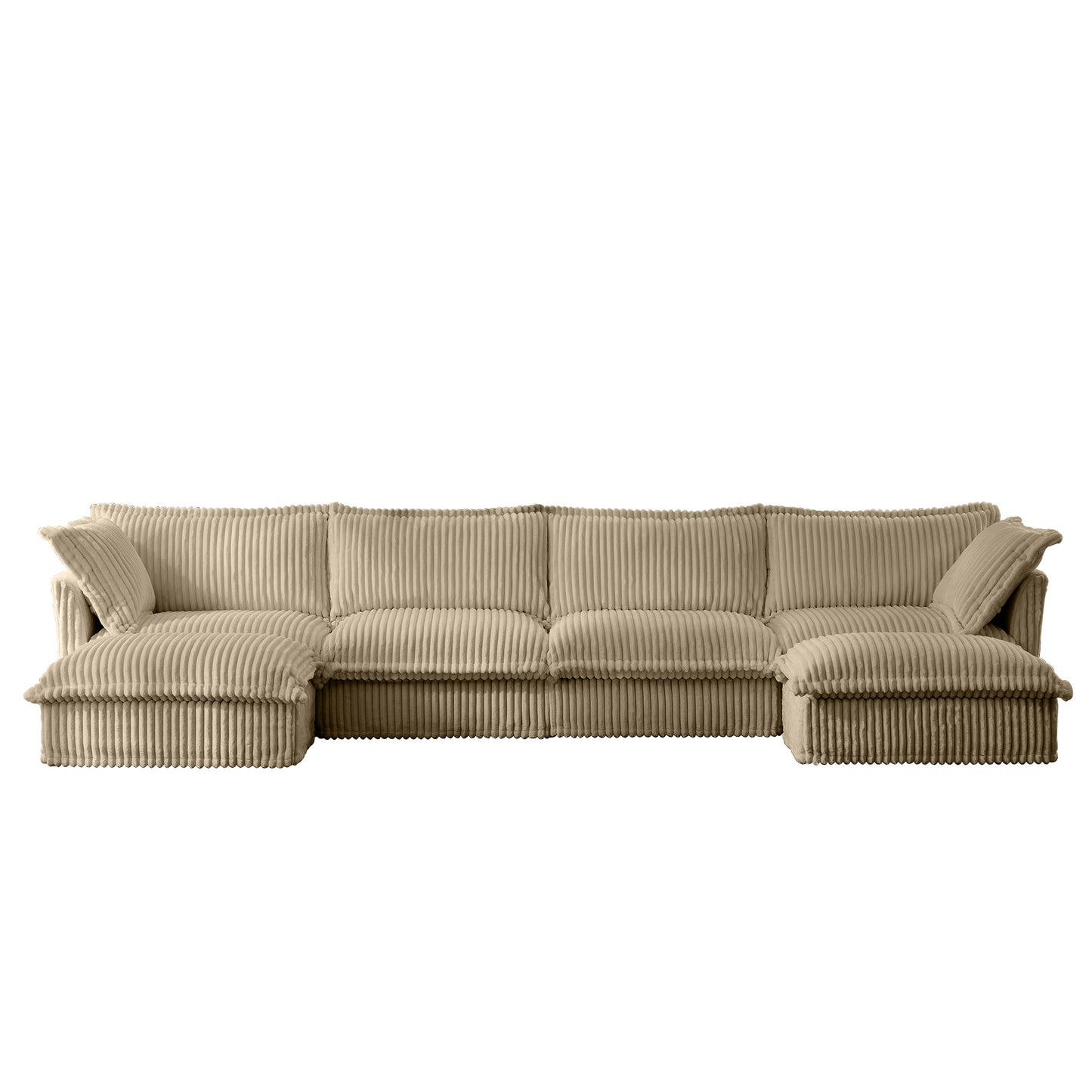 Frontal shot of a fluffy camel corduroy sectional sofa with two ottomans, highlighting its deep seat design, plush cushions, and soft, wide-wale corduroy upholstery with removable slipcovers.