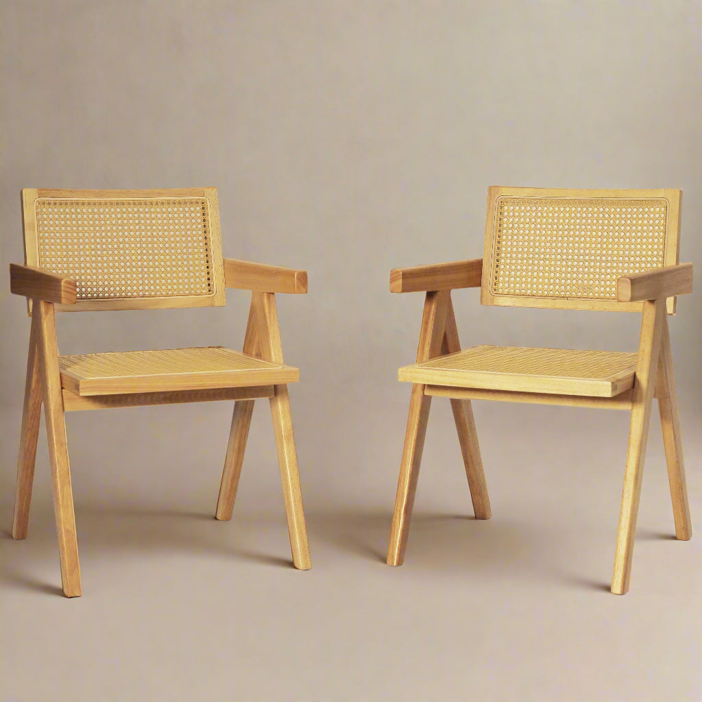 Rattan Dining Chairs – Set of 2, Solid Wood & Natural Stain