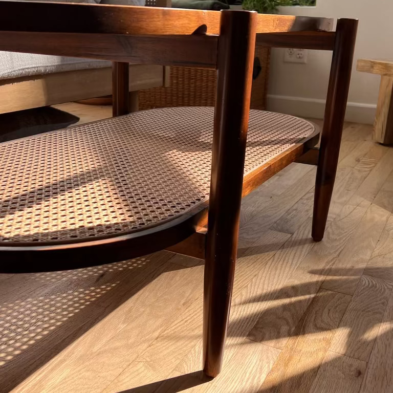 Mid-Century Rattan & Glass Coffee Table Oval Two-Tier Design