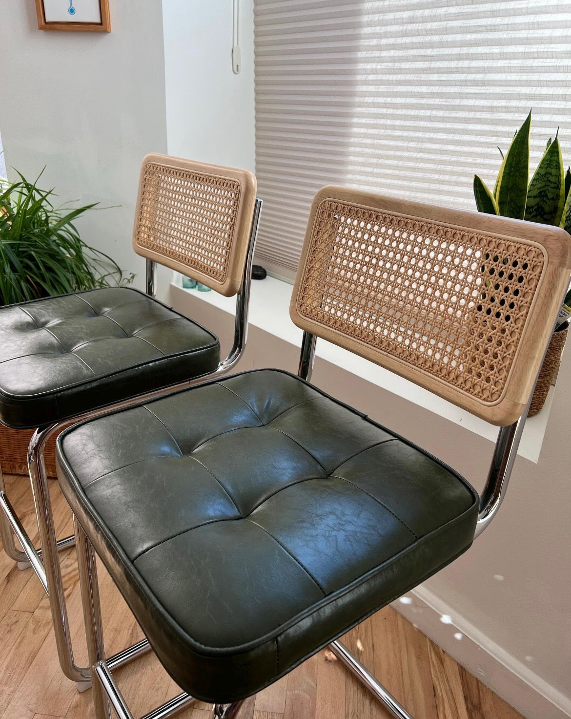 Rattan Counter Stools Set of 3 – Stainless Steel Legs & Green Vegan Leather