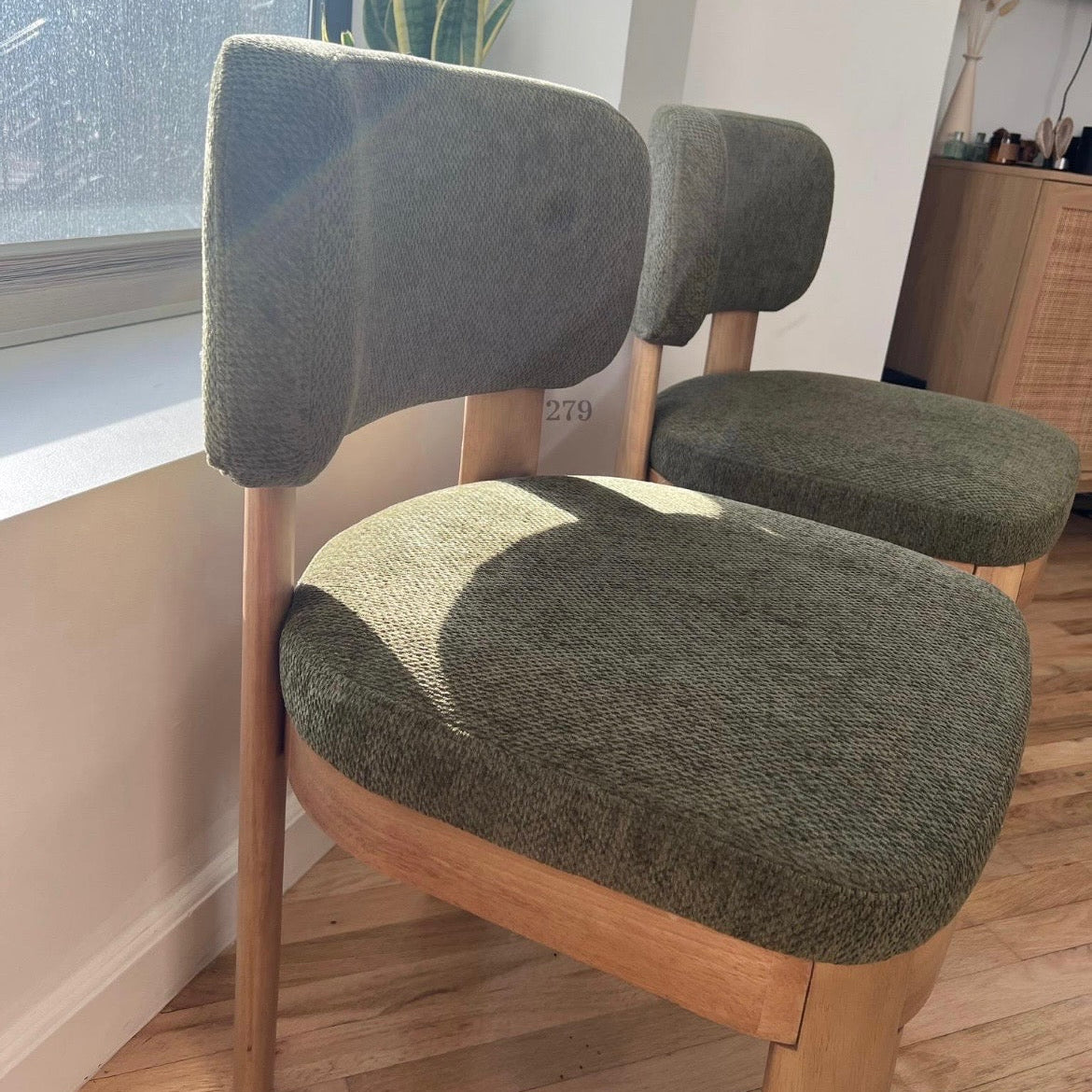 Solid Wood Green Upholstered Dining Chairs - Mid Century Modern Set of 2