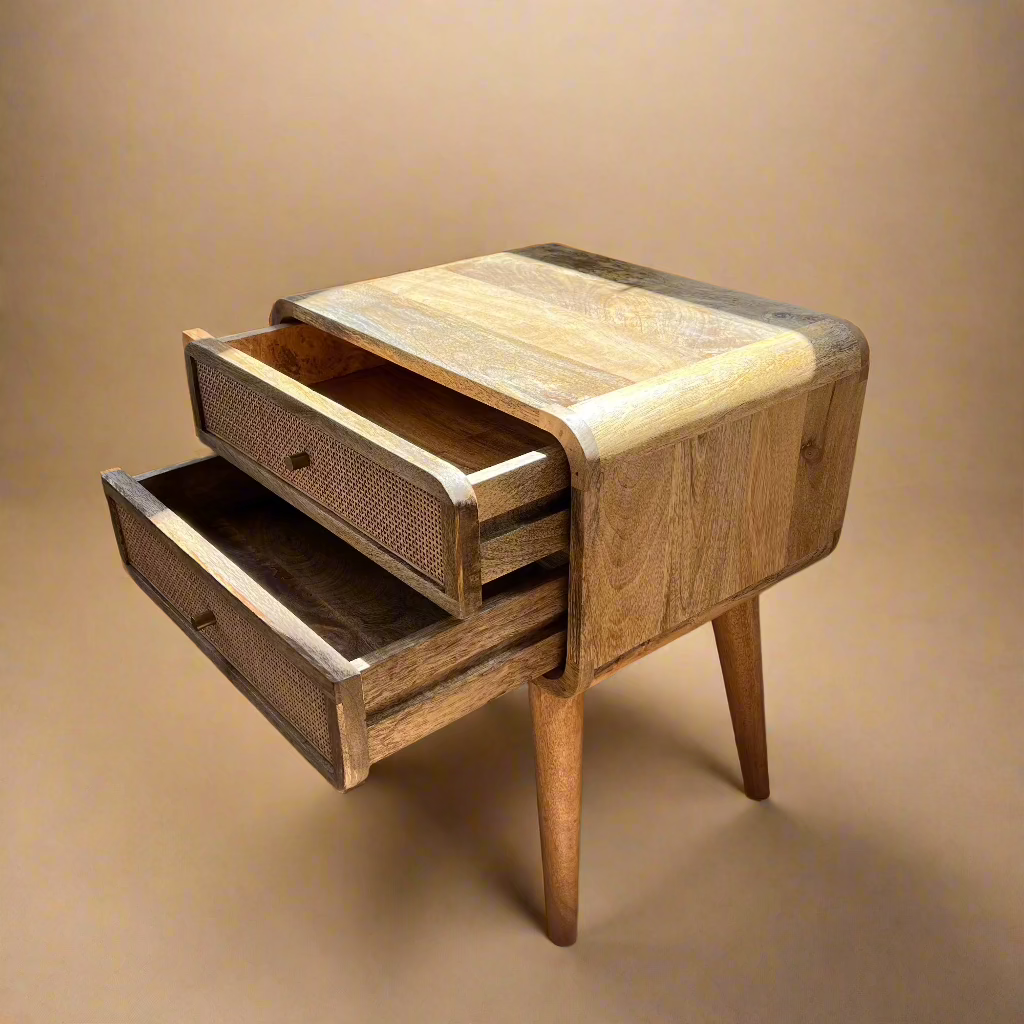 closeup of open drawers on a two drawer solid mango wood nightstand