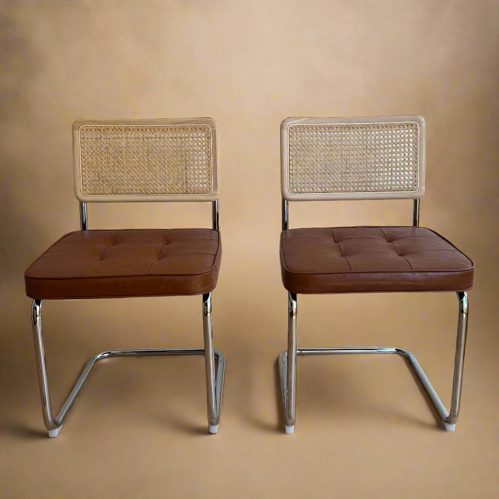 Rattan Dining Chairs – Set of 2, Brown Vegan Leather with chrome legs and accent rattan backs, midcentury modern design.