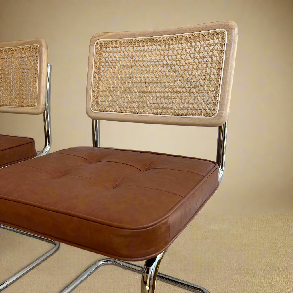 Rattan Dining Chairs – Set of 2, Brown Vegan Leather with rattan backs, armless mesh cane, chrome legs, and cushioned seats.