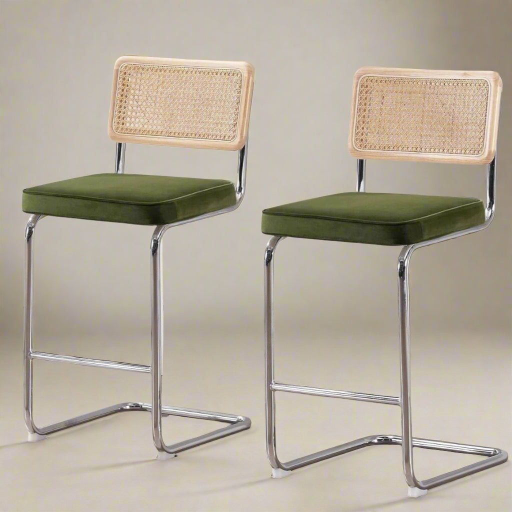 Rattan Counter Stools Set of 2 – Stainless Steel Legs & Green Velvet