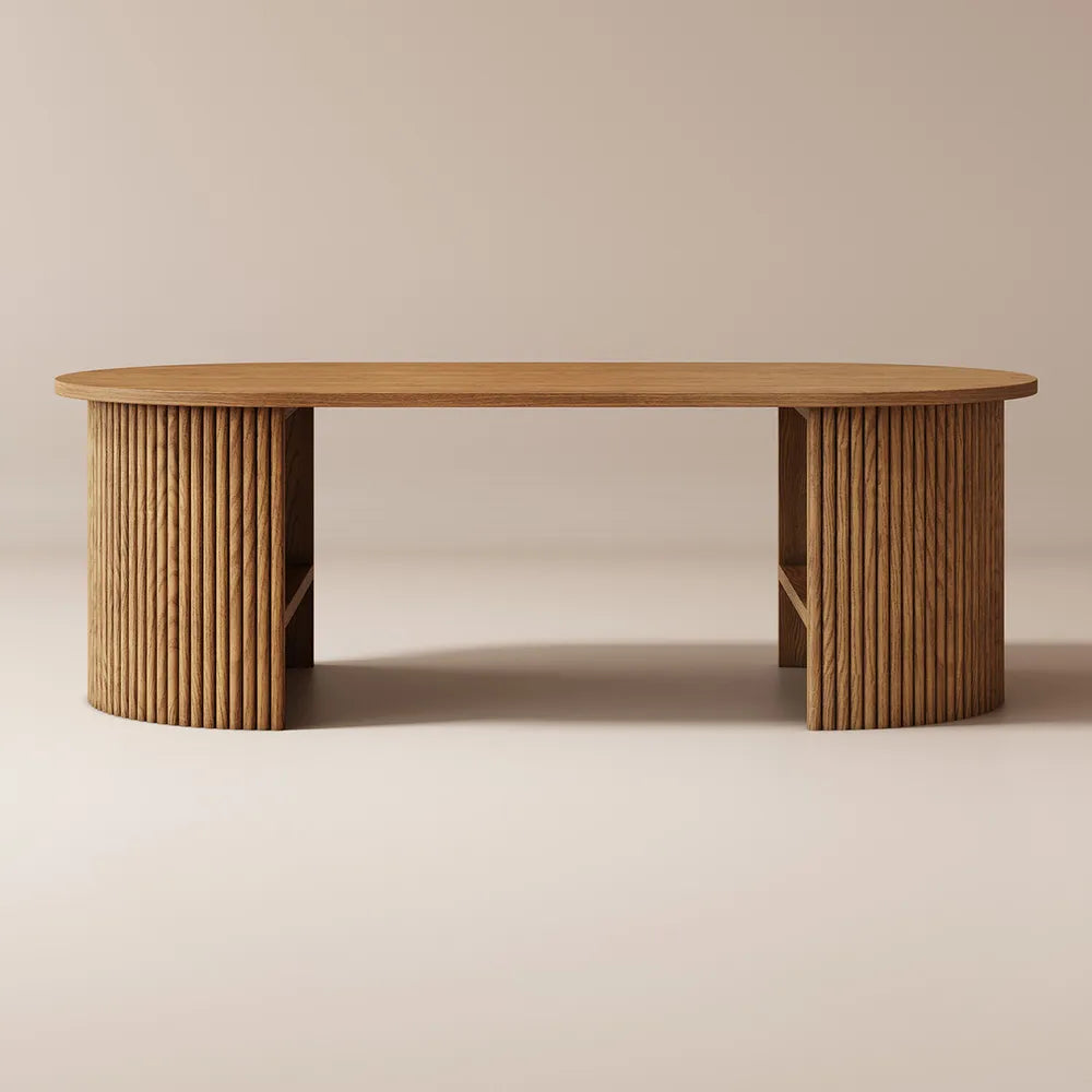 Solid Wood and oval console table with fluted legs and a smooth tabletop. Showcasing a Mid Century Modern Style.