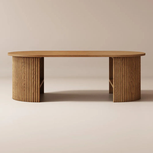 Solid Wood and oval console table with fluted legs and a smooth tabletop. Showcasing a Mid Century Modern Style.