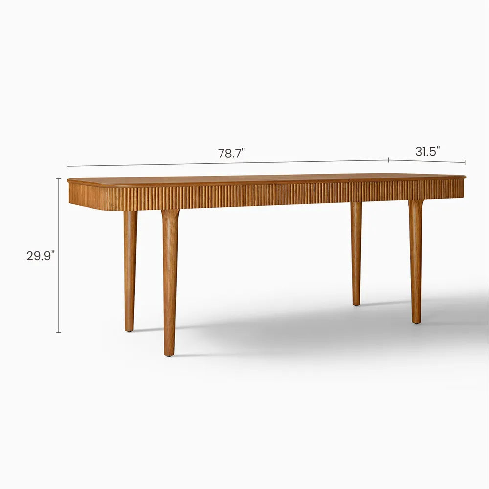 Side view of a modern wooden dining table with vertical fluted edges , measuring 78.7" in length, 31.5" in depth, and 29.9" in height.