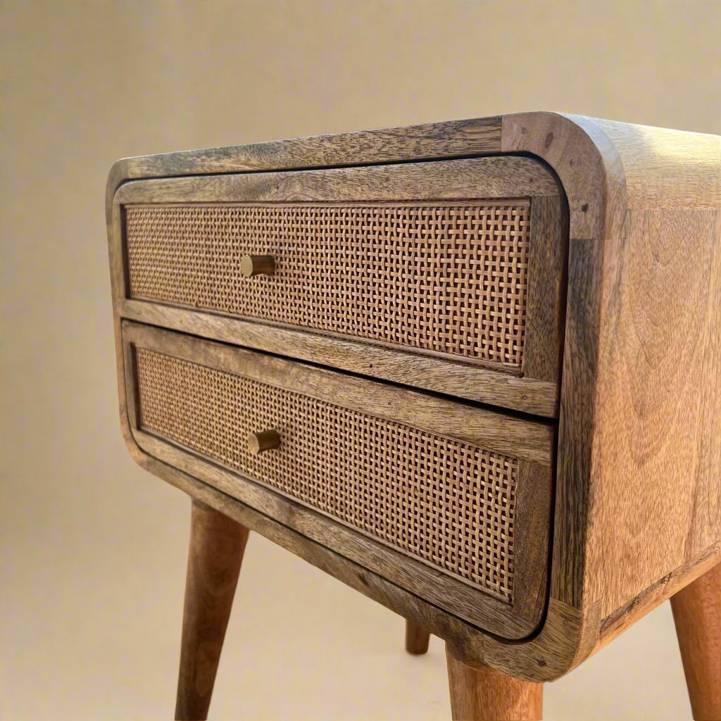 closeup on rattan drawers on a two drawer solid wood nightstand