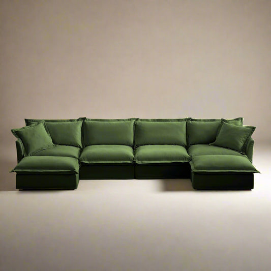 Fluffy 4-seat olive chenille sectional with two ottomans, modular design for L or U shape, deep seating, and machine washable slipcovers.