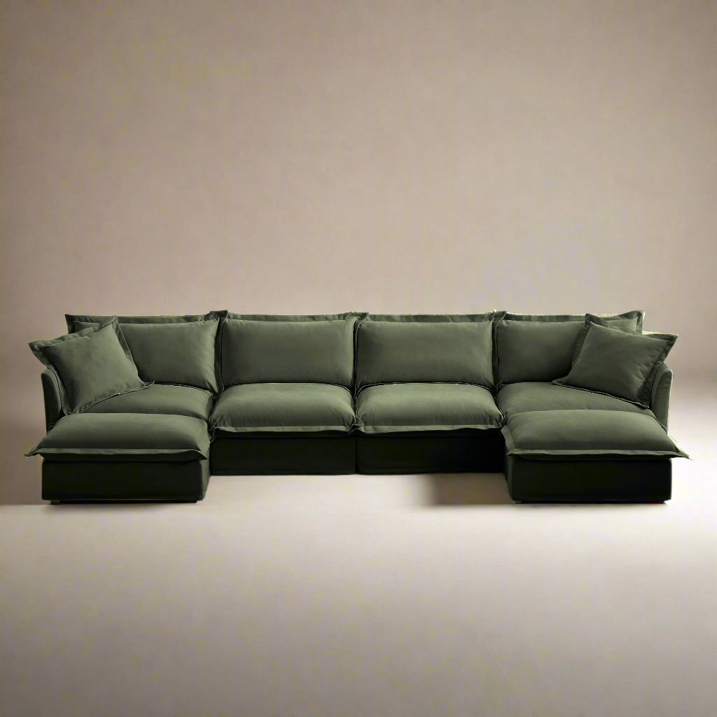 Fluffy 4-Seat Modular Sofa in Chenille Olive with 2 ottomans #OttOnly_2 #Fabric_Chenille Olive