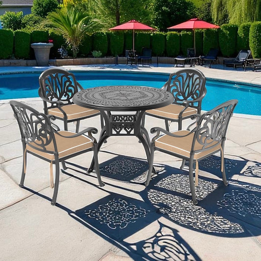Round Cast Aluminum Patio Set for 4 – Stackable Chairs & Cushions