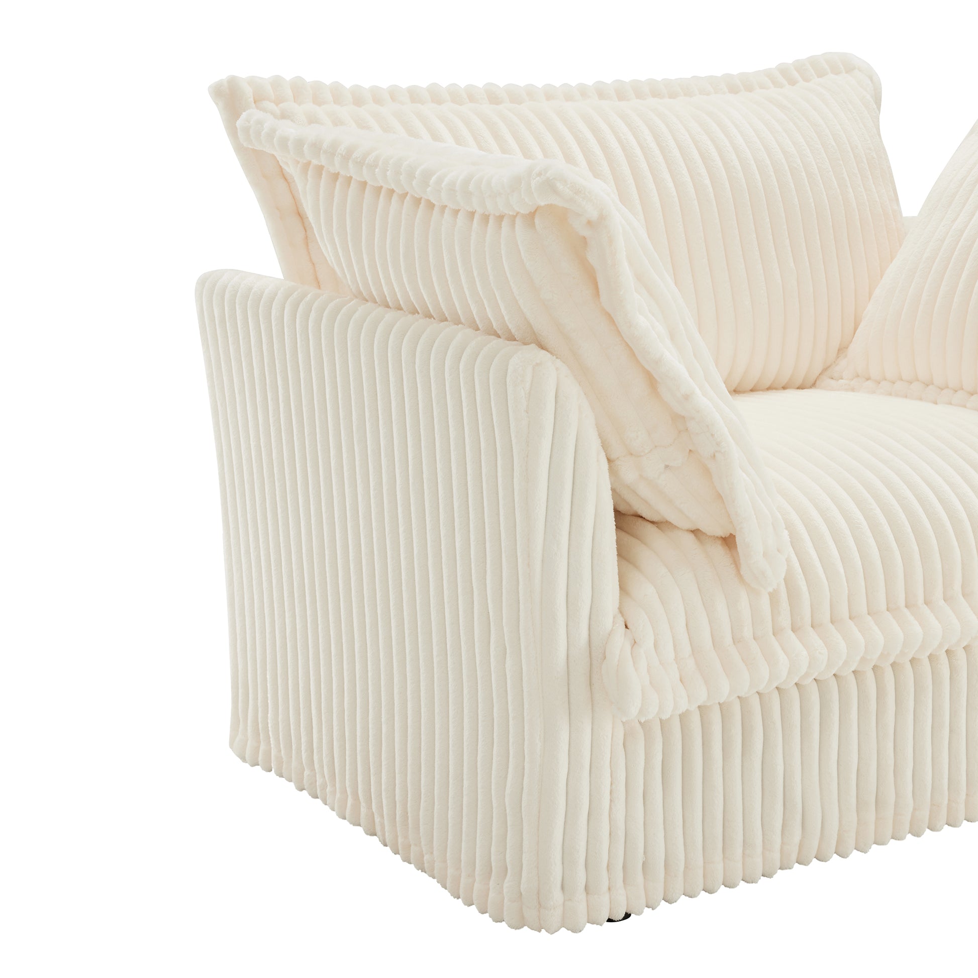 Side angle of a cream corduroy couch, highlighting the plush, textured fabric and clean lines of the design. Features removable, washable covers for easy maintenance.