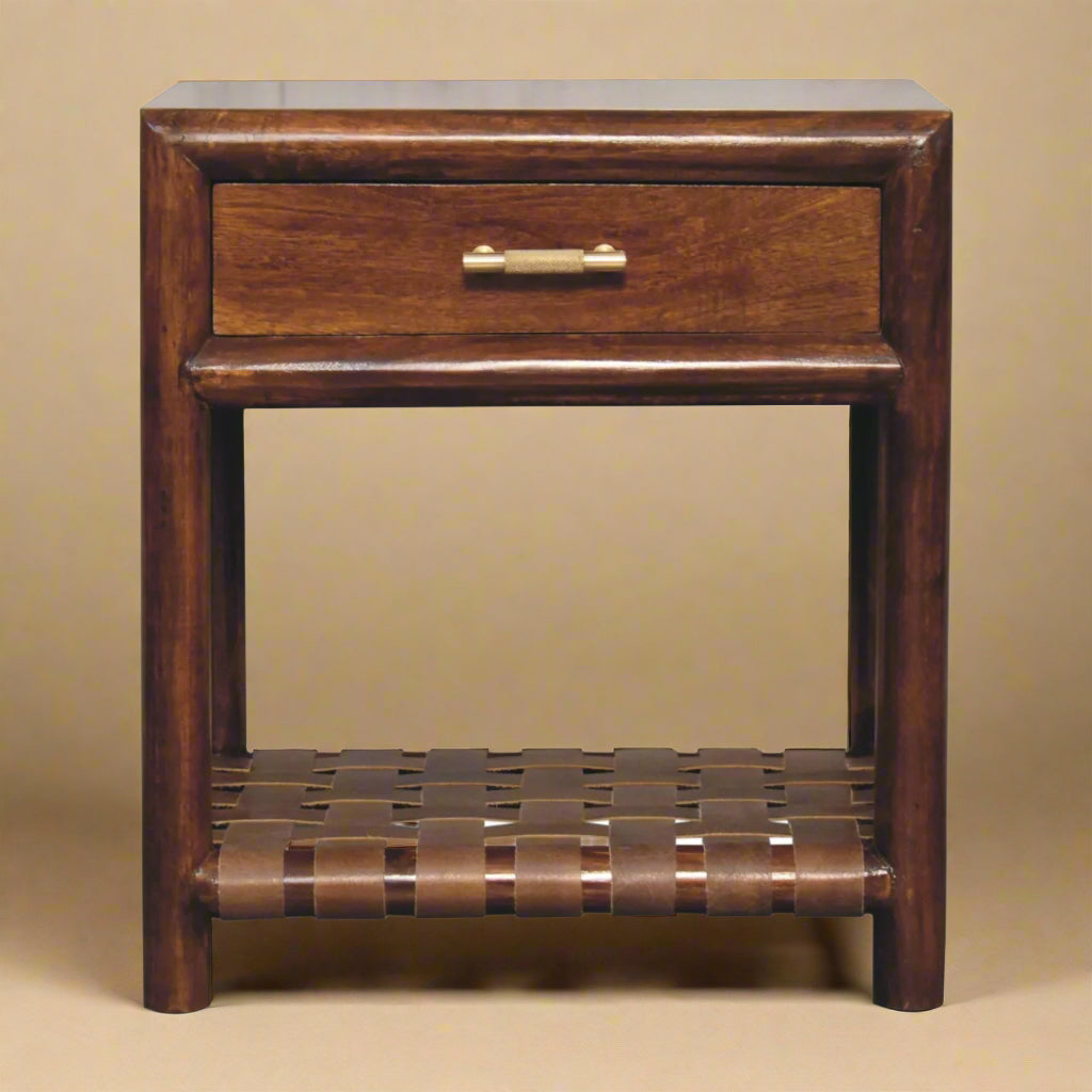 solid mango nightstand with woven shelf single drawer and gold handle
