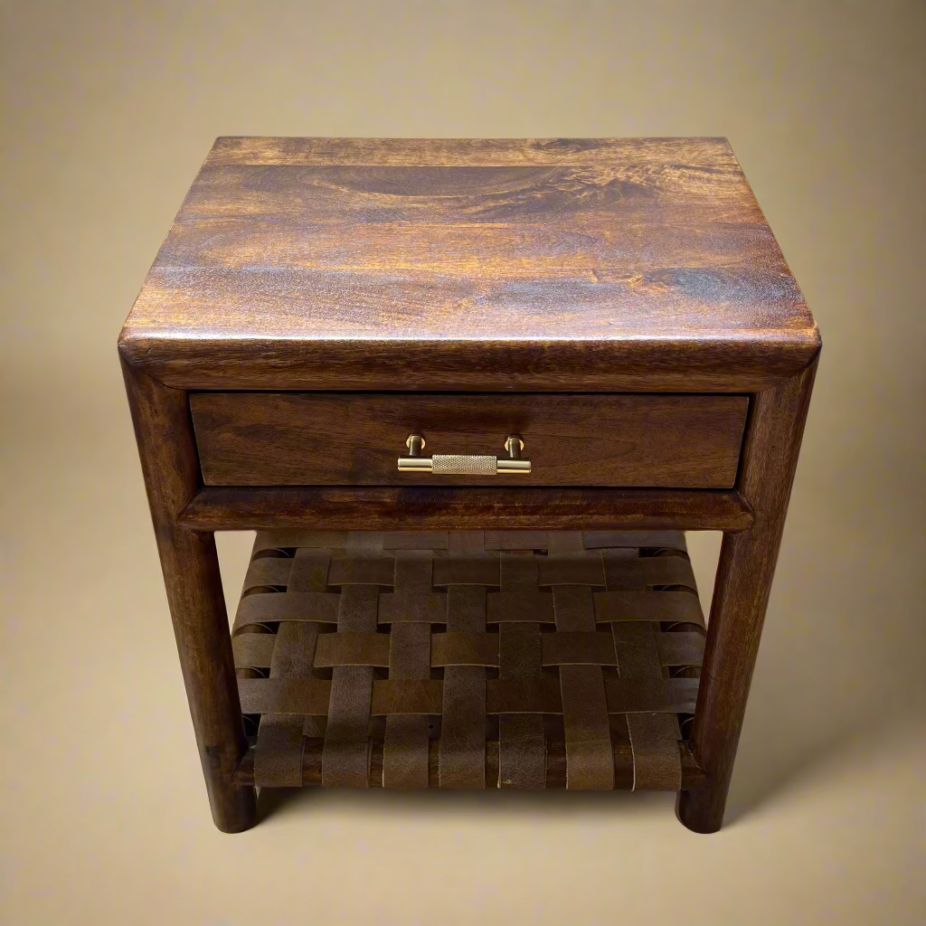 overview of solid mango nightstand with woven shelf and t-bar handle in gold showing woven shelf below