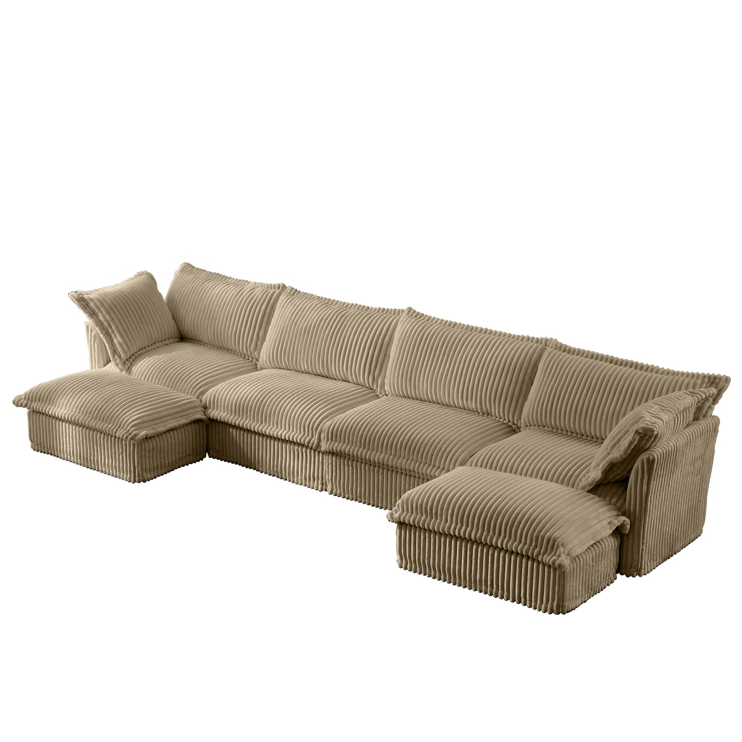 Studio image of fluffy camel corduroy 4-seat modular sectional sofa with two ottomans, featuring deep cushions, wide-wale textured fabric, and removable machine washable slipcovers for easy care and pet-friendly comfort.