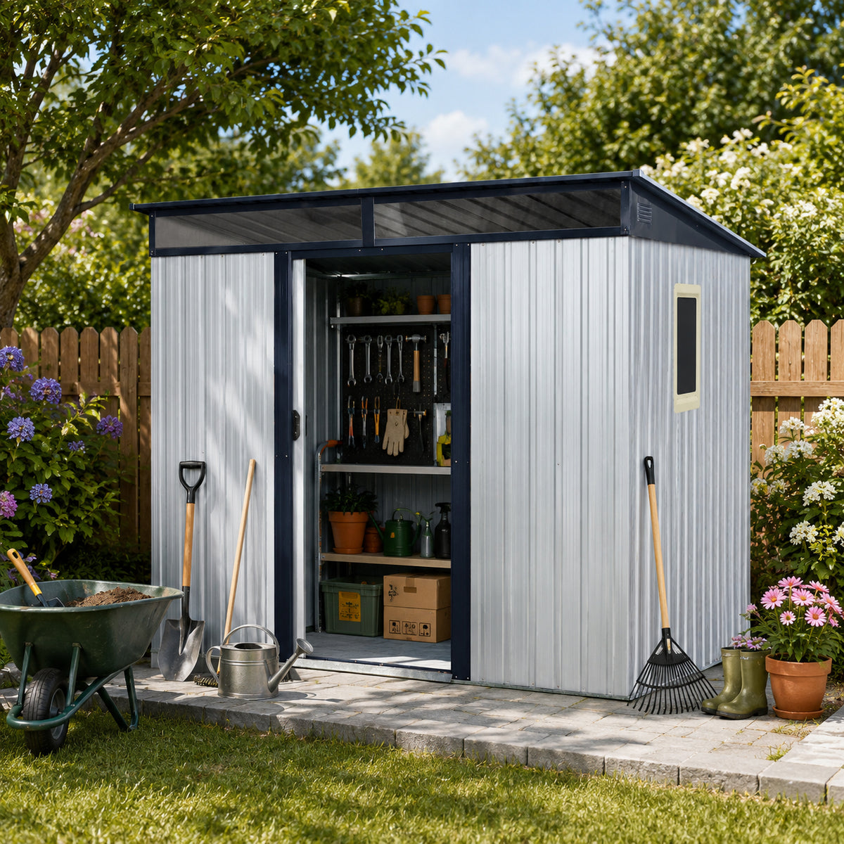 6x8 ft Metal Storage Shed with Window, White and Black
