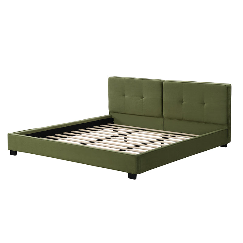 Olive green velvet king bed frame, three-quarter angle with wood slats visible