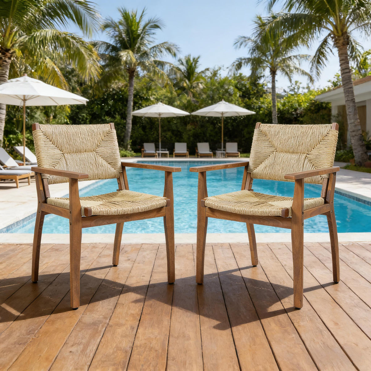 Teak Finish Solid Wood Outdoor Dining Chair, 24.2 in Tall