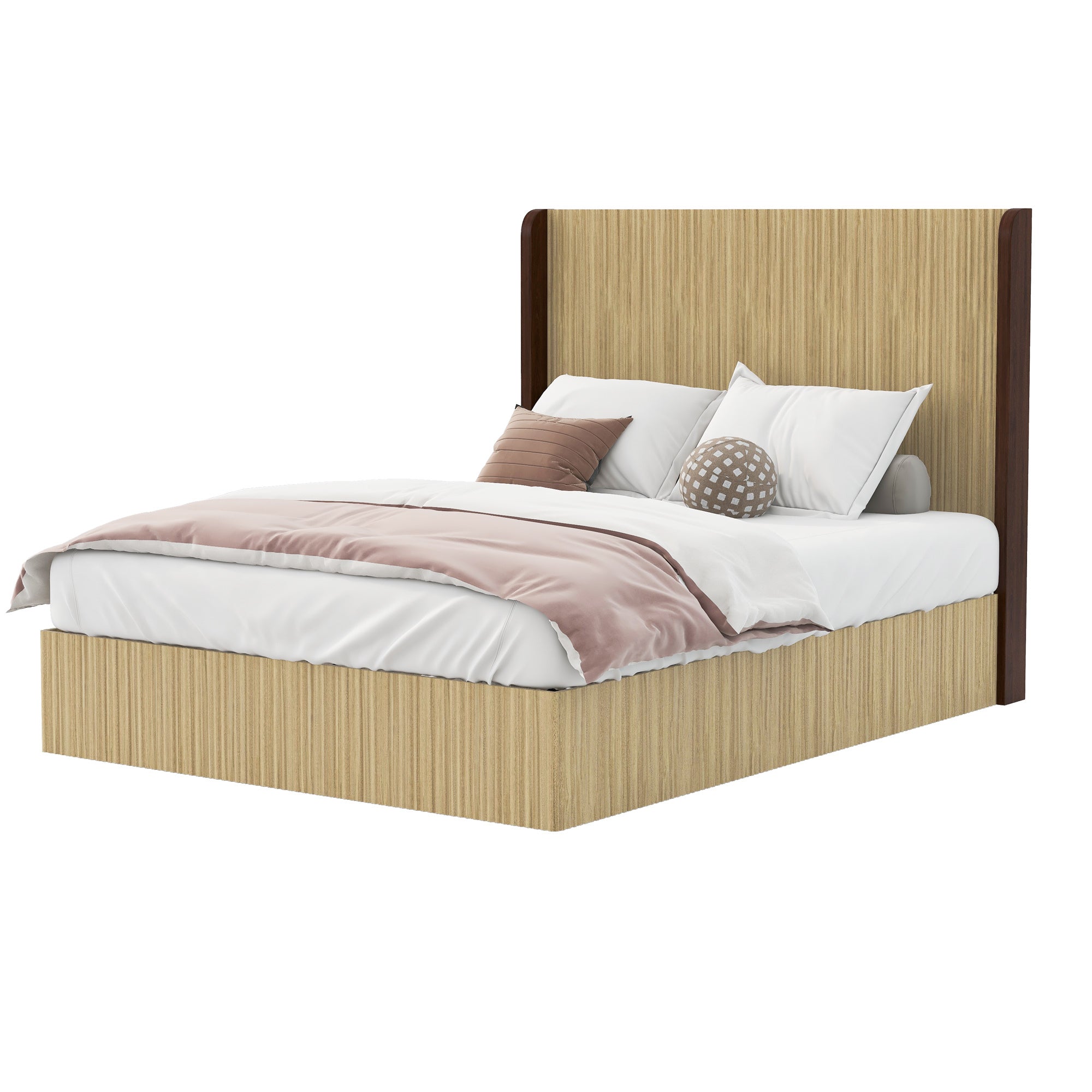 Studio angle of the natural wood bed with a vertical-grid wingback headboard and low platform base