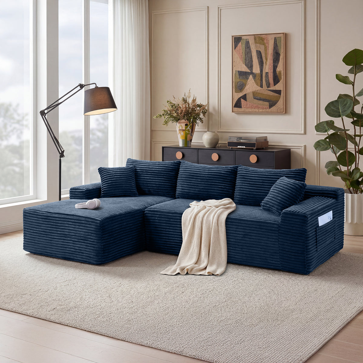 Blue Corduroy L-Shaped Modular Sectional, 106.3 in Wide