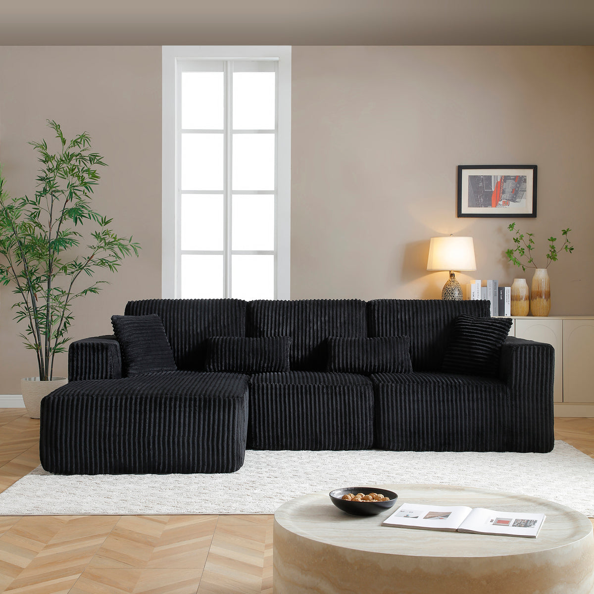 Black Corduroy L-Shaped Modular Sectional, 109 in Wide, Left-Facing