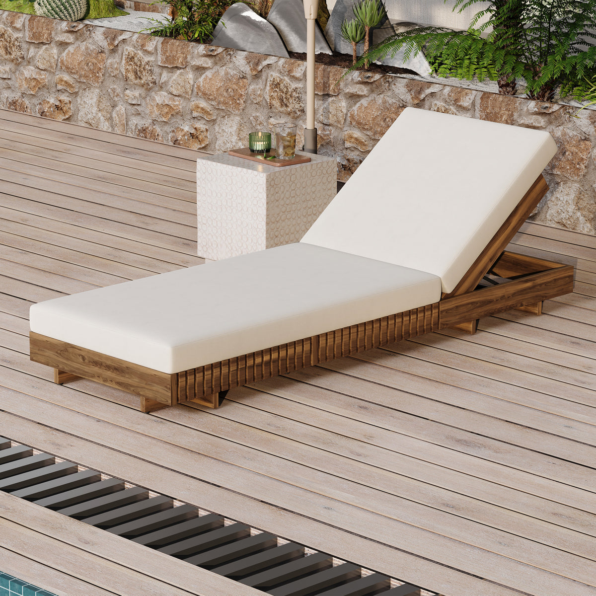 Teak Finish Solid Wood Adjustable Outdoor Chaise Lounge