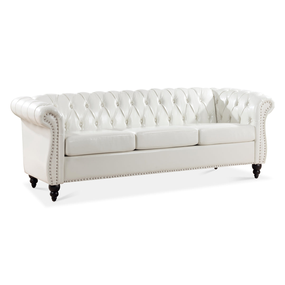 White Vegan Leather 3-Seat Chesterfield Sofa, 84.7 in Wide