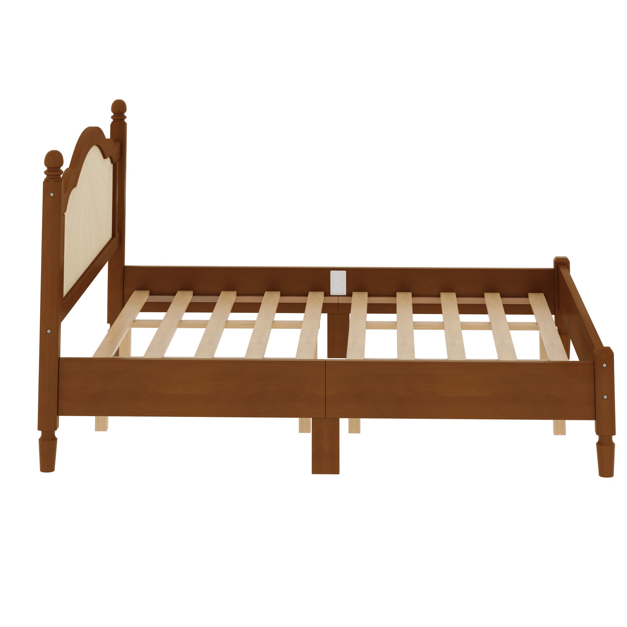 Angled view of walnut king bed frame with cane headboard and wood slats