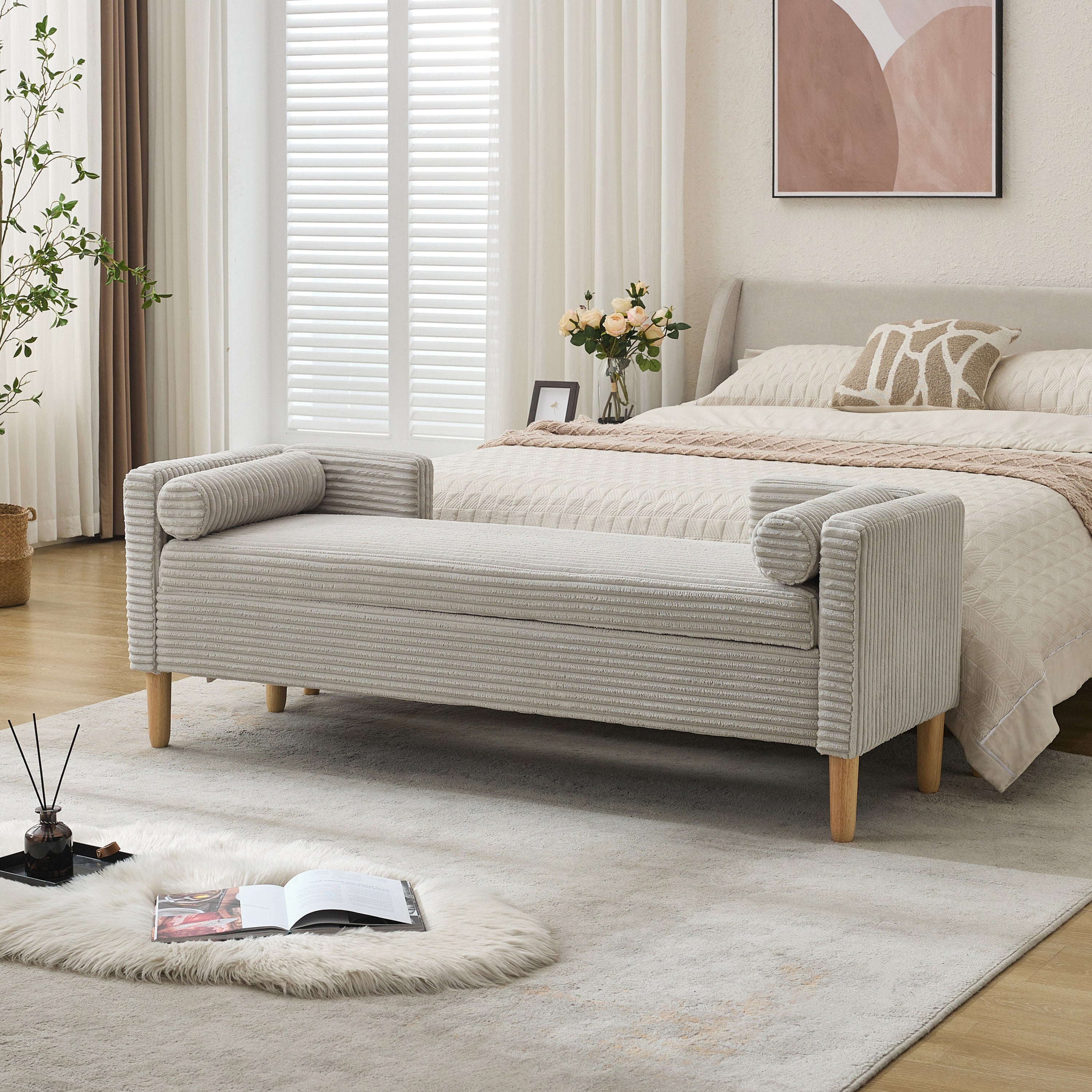 Corduroy Storage Bench, Light Gray 64-Inch Flip-Top with Arms