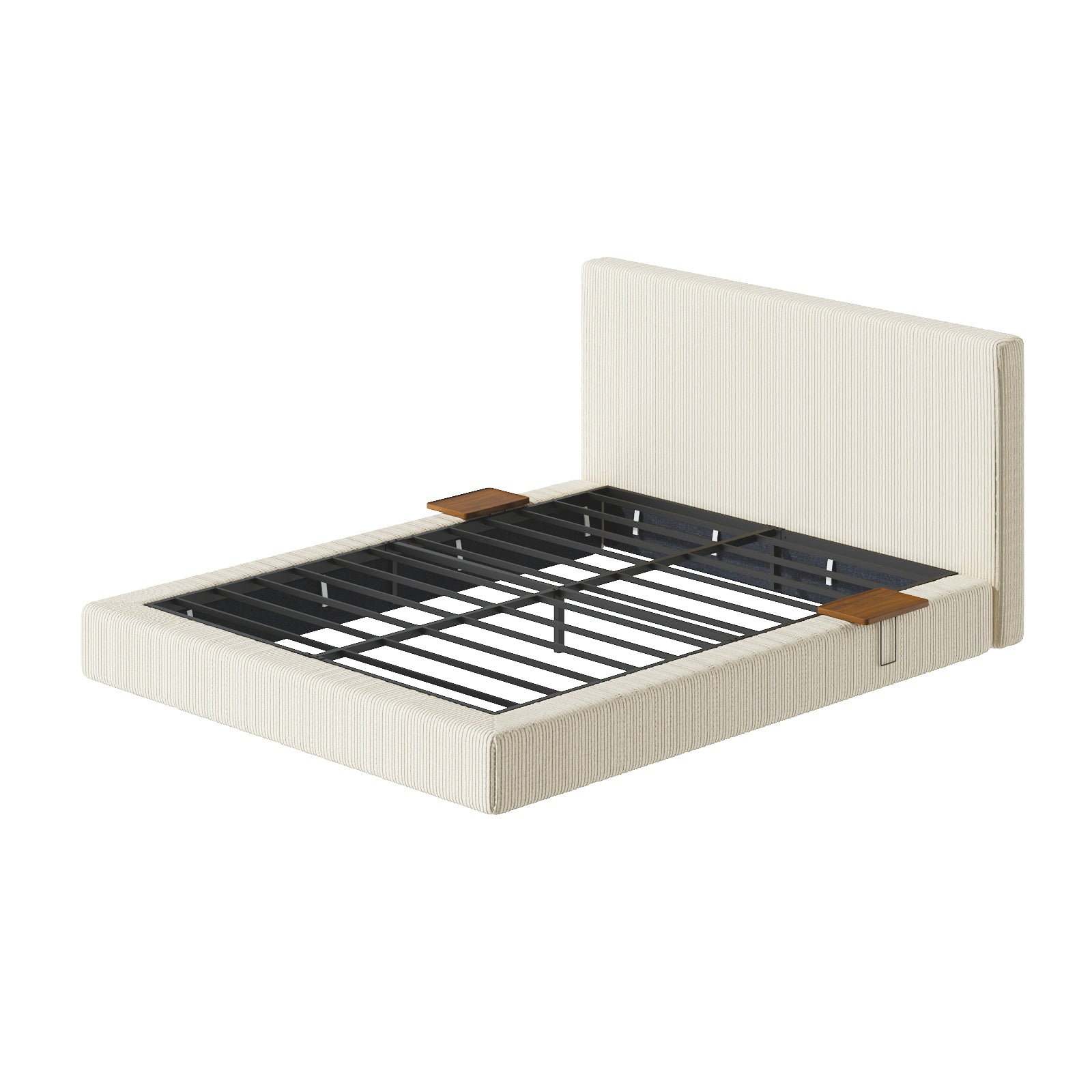 Angled bare corduroy queen platform bed frame with steel slats and wooden sliding side shelves