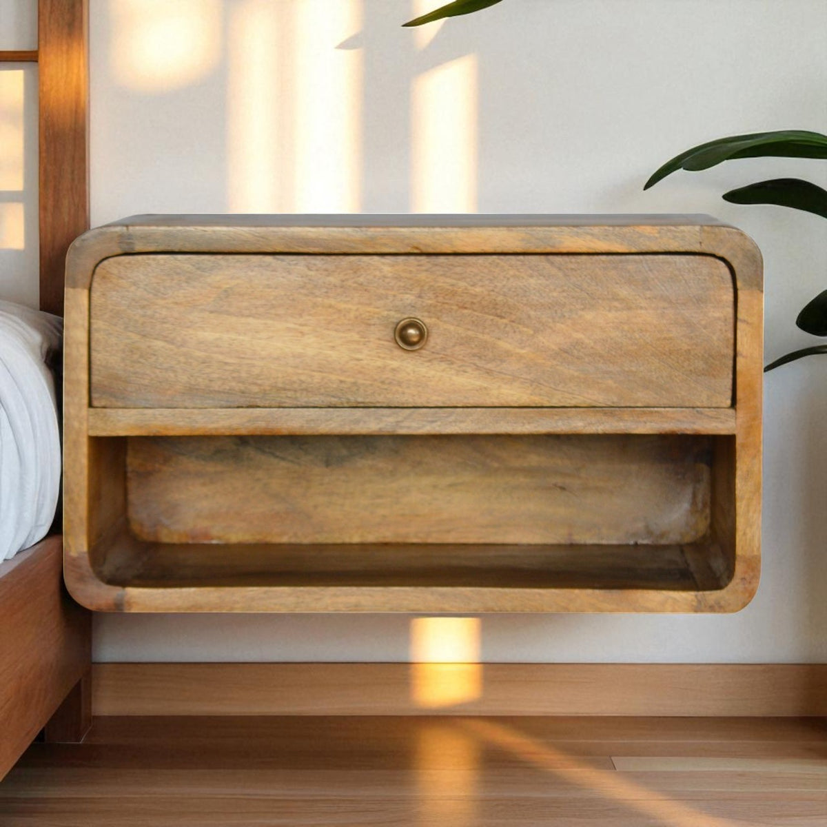 Solid Wood Wall Mounted Nightstand with Drawer, Oak Finish