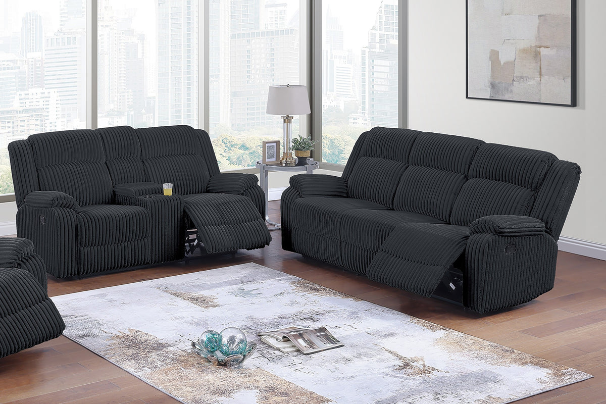 Black Corduroy Reclining Sofa and Loveseat Set with Console
