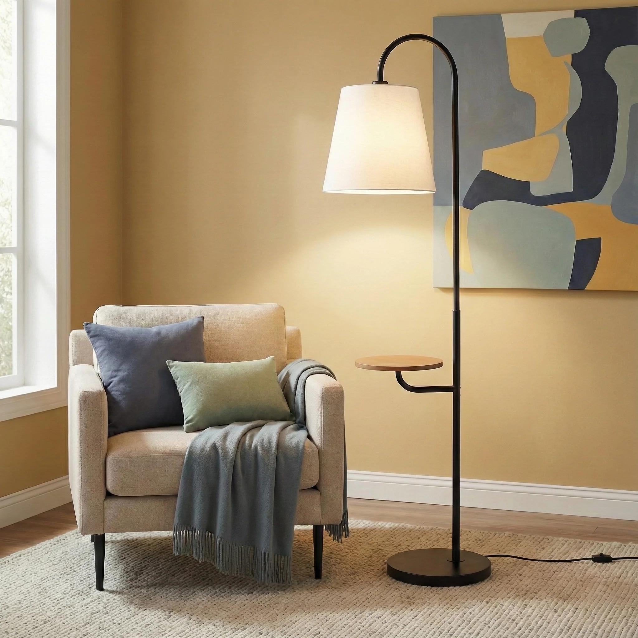 Floor Lamp with Wood Side Table, Black and White