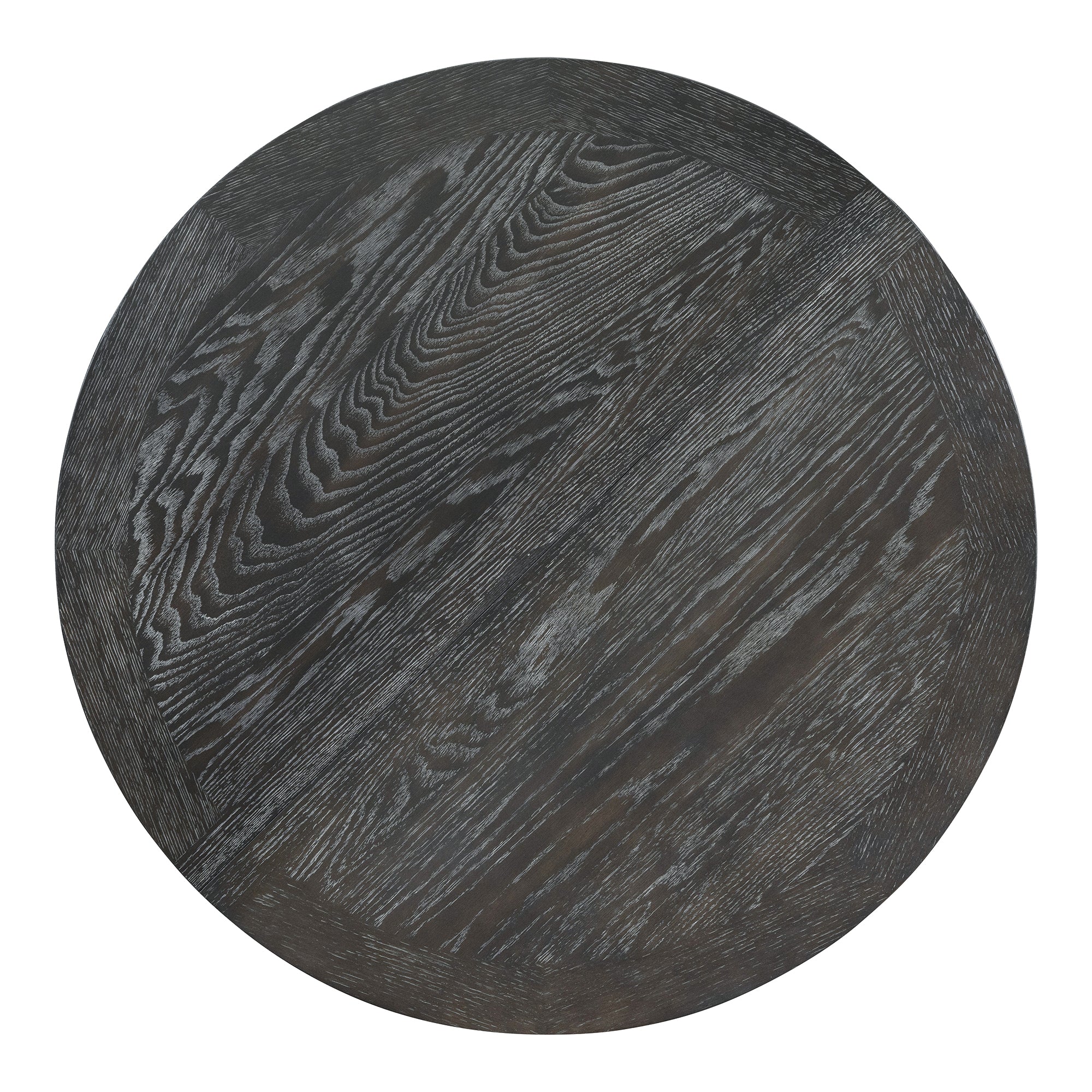 Overhead view of the round black wire-brushed oak tabletop
