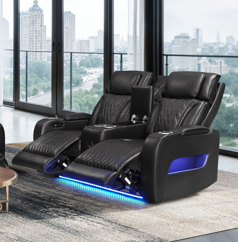 Black Vegan Leather Power Reclining Loveseat, USB Charging, 74 in Wide