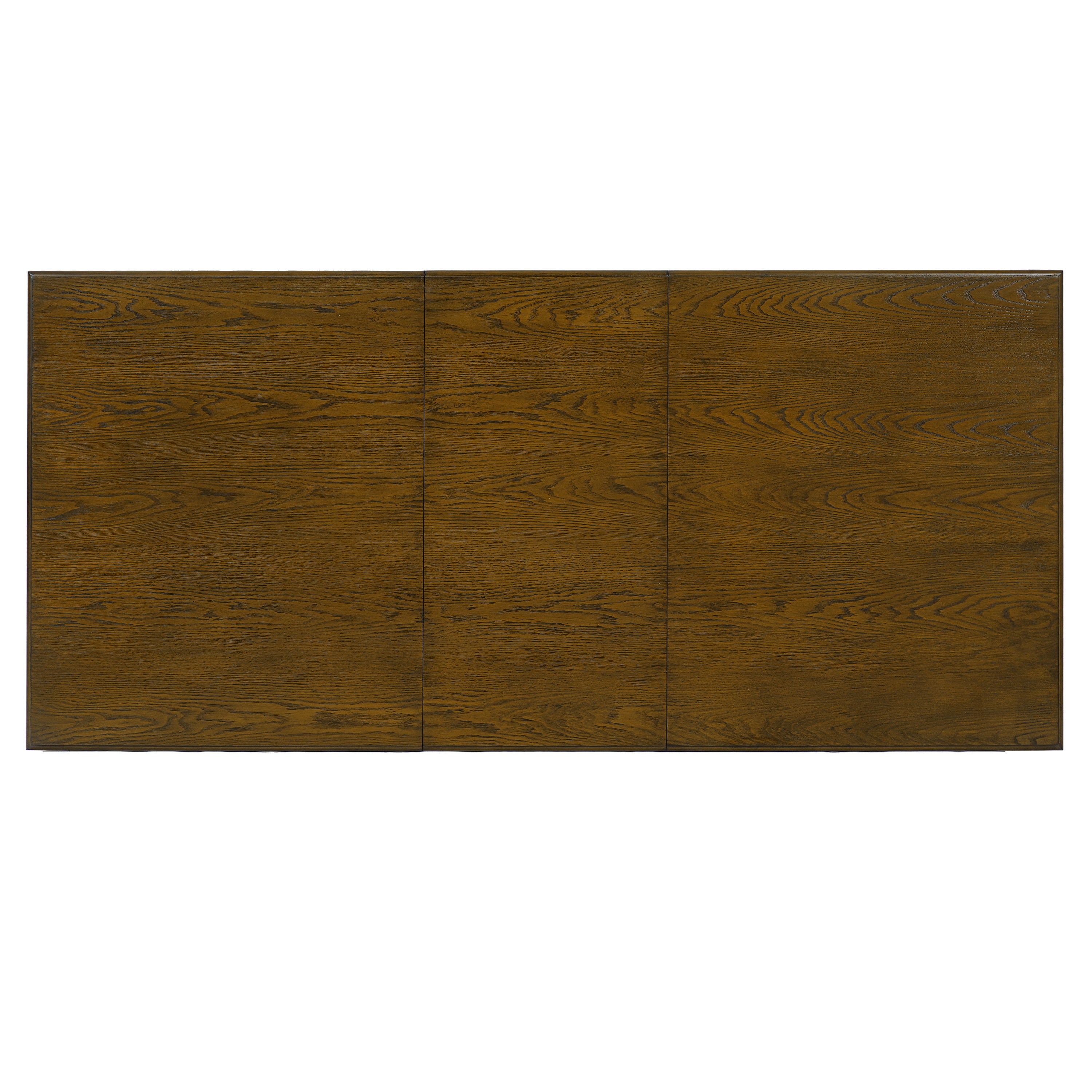 Straight-on studio side view of brown oak top farmhouse dining table with white legs on white background