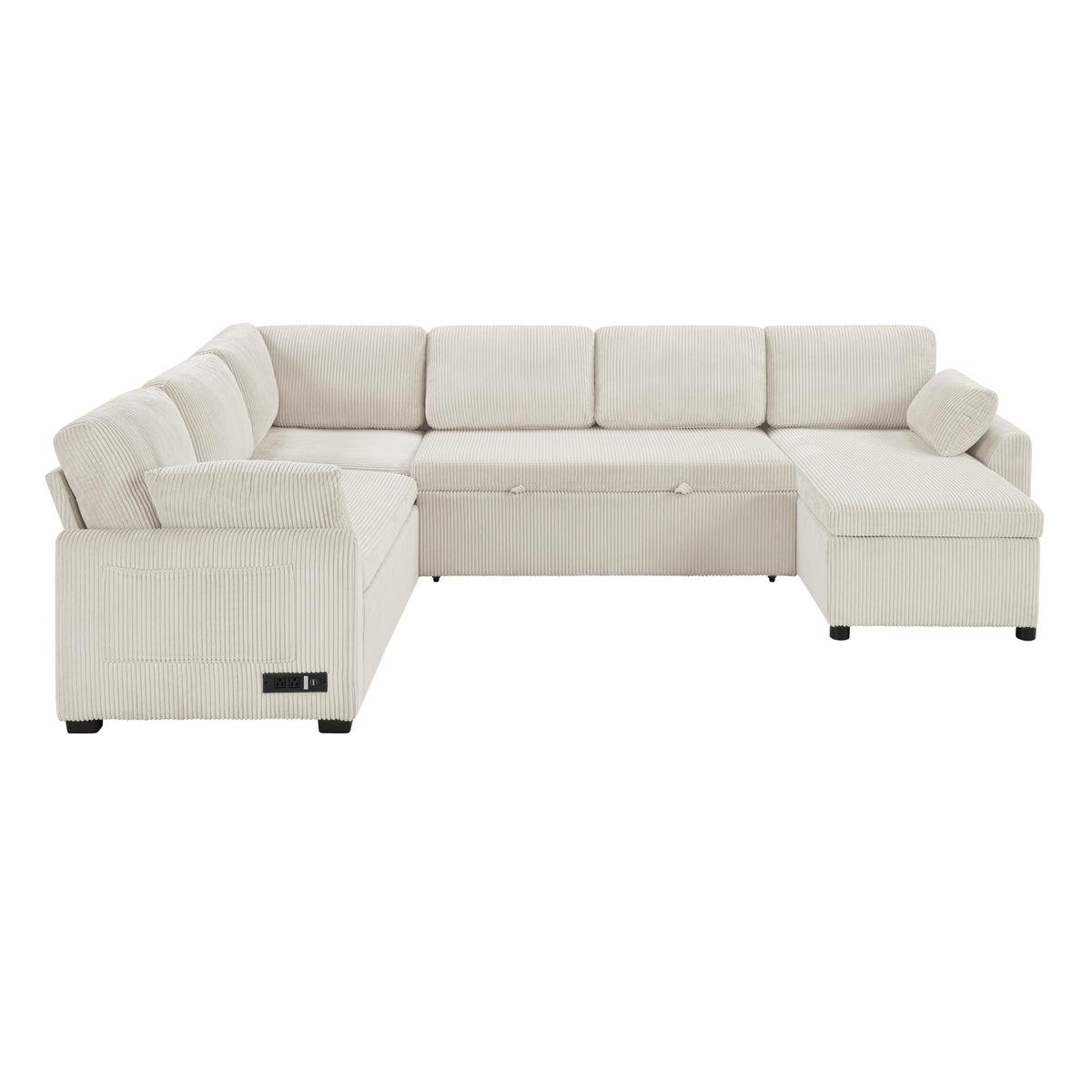 Beige Corduroy U-Shaped Sleeper Sectional with Chaise, 111.2 in Wide