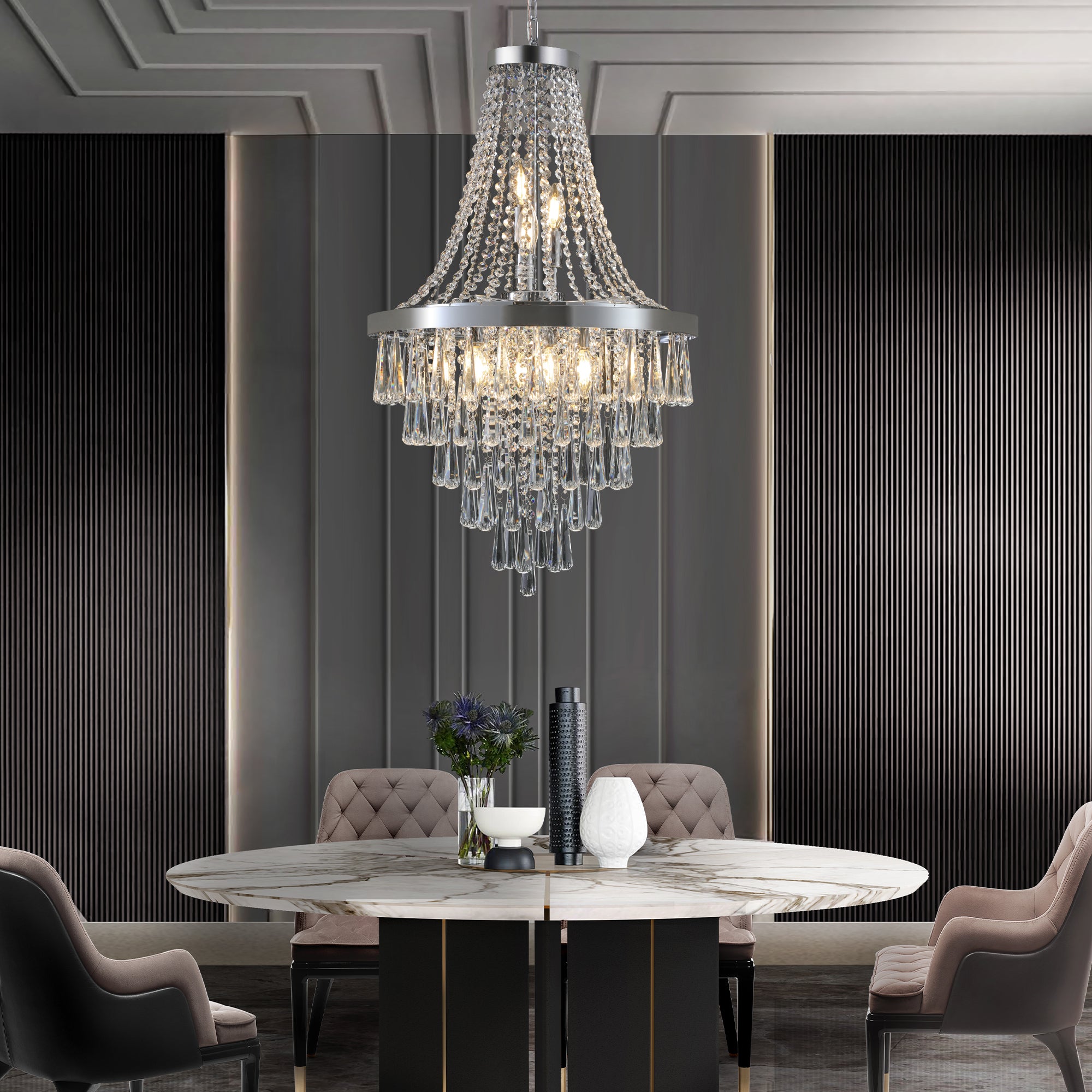 Chandelier, 11-Light Crystal, Iron Frame, Chrome