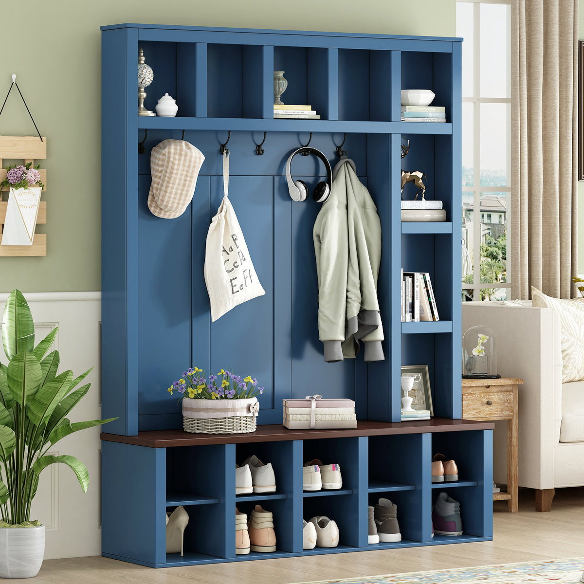 Blue Hall Tree with Bench and Shoe Storage, 59 in Wide