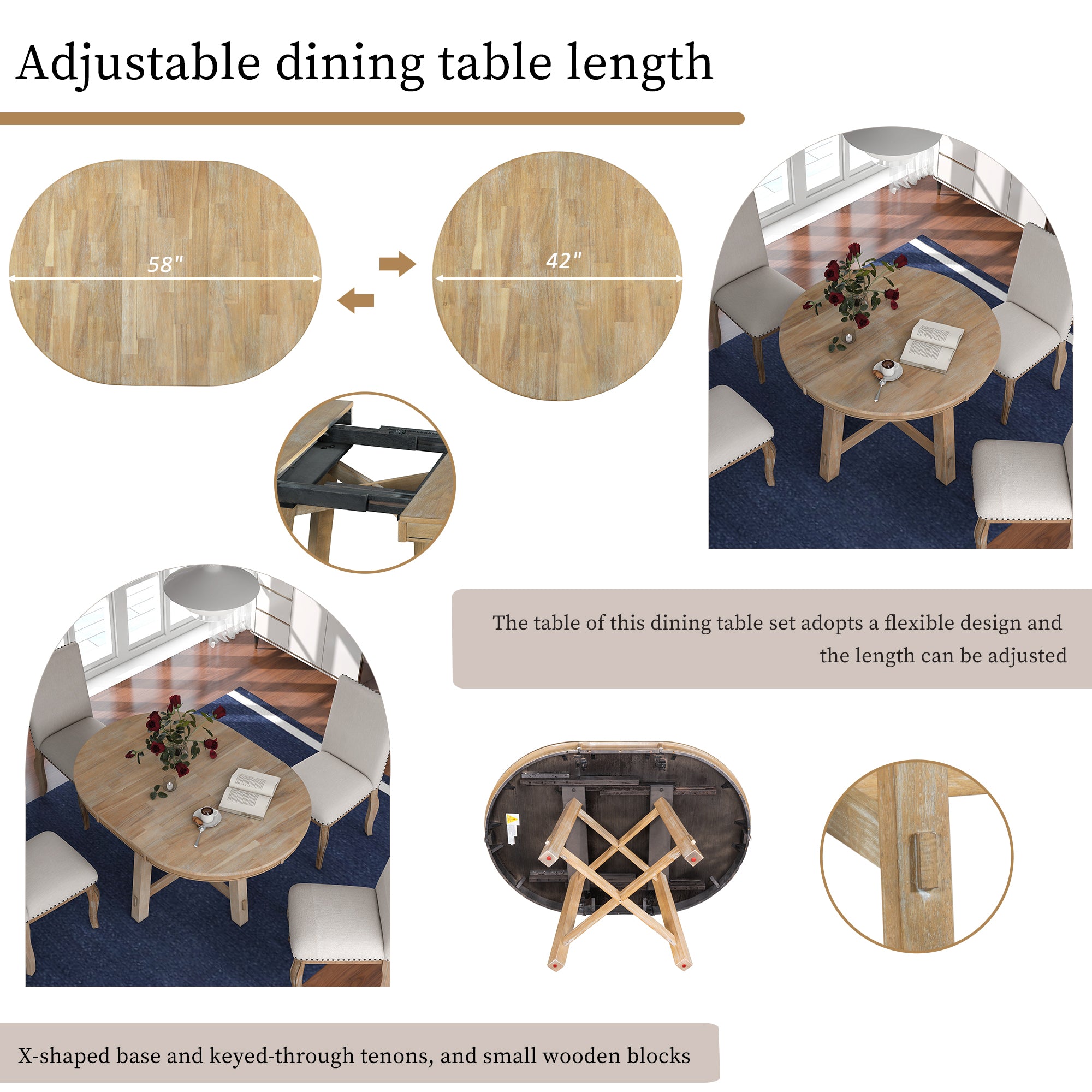 Feature graphic showing adjustable length from 58 inch oval to 42 inch round with base detail
