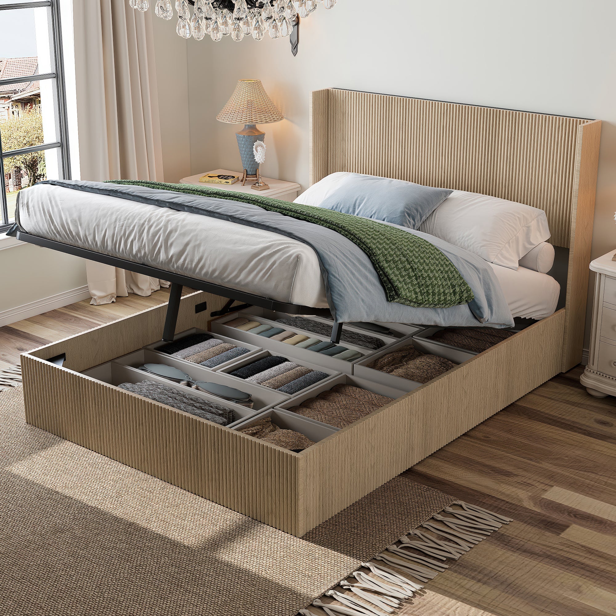 Oak storage bed lifted on gas struts, revealing under-bed organizers and folded clothes in the storage box
