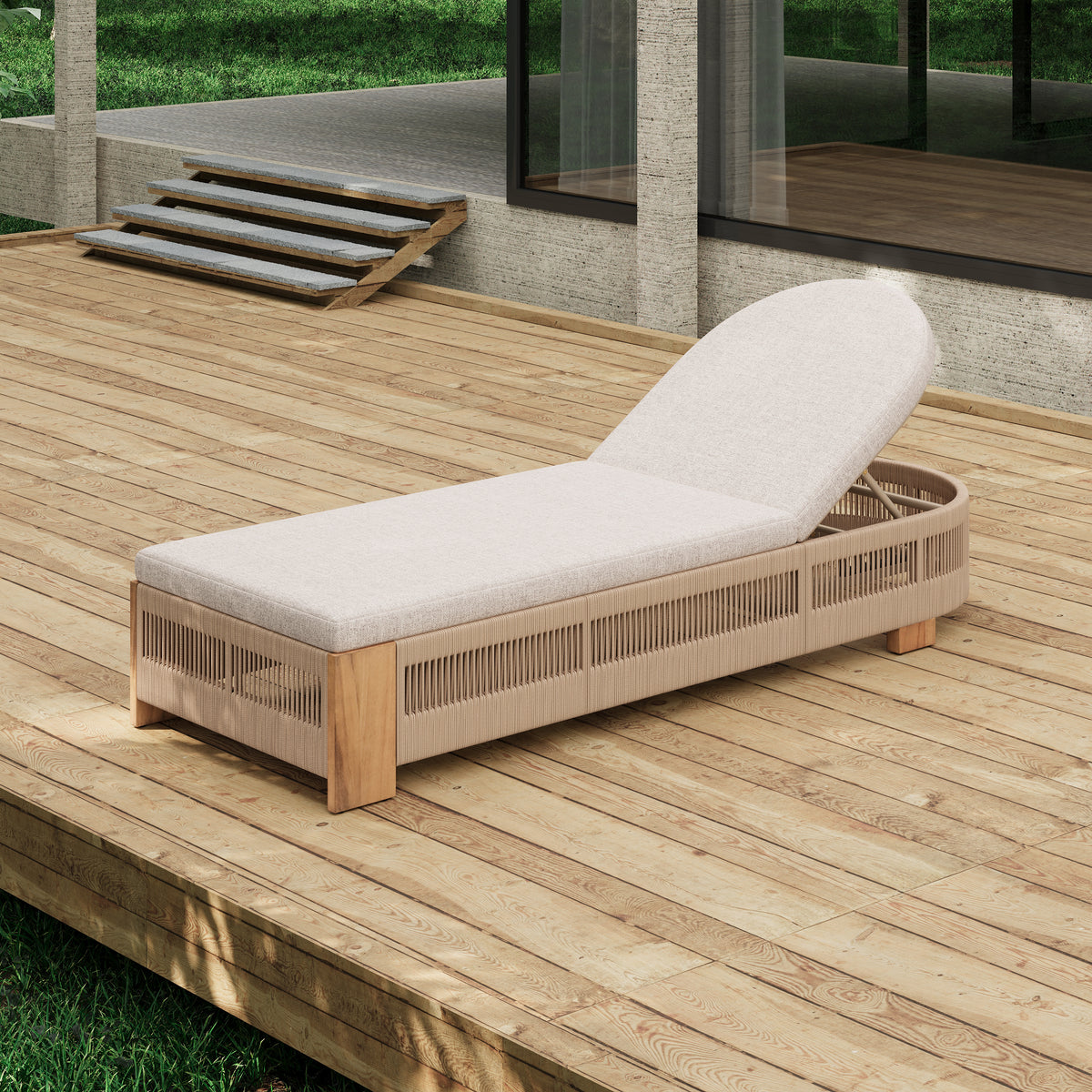 Teak Finish Solid Wood Adjustable Outdoor Chaise Lounge, Rope Weave
