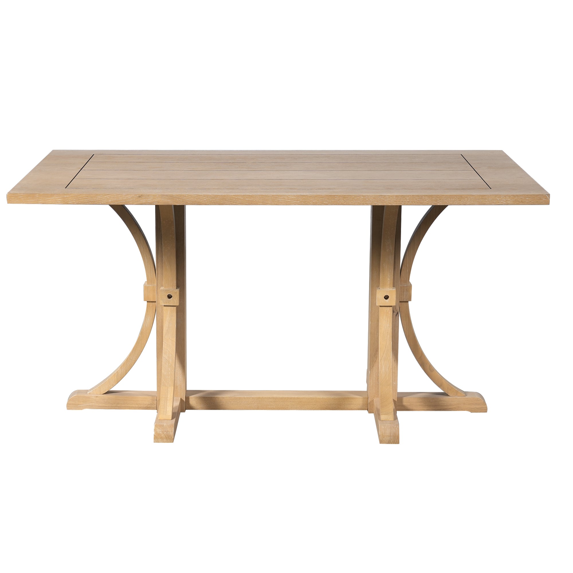 Farmhouse trestle dining table in natural wood wash, front elevation on plain white studio background